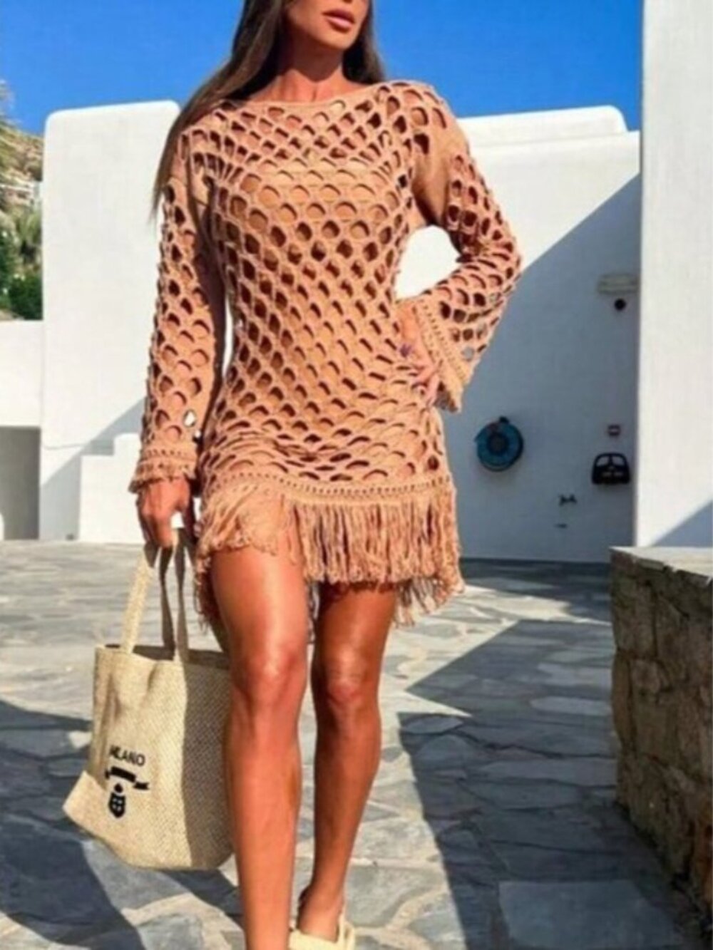 Coral Orange Women's Sexy & Elegant Beach Style Knitted Hollow Fringe Dress